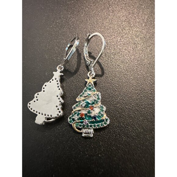 Christmas Tree Earrings With Colorful Rhinestones & Leverback Closure - Picture 3 of 6